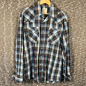 Roper Mens‎ Long Sleeved Pearl Snap Shirt Blue Plaid Wear The West Size M